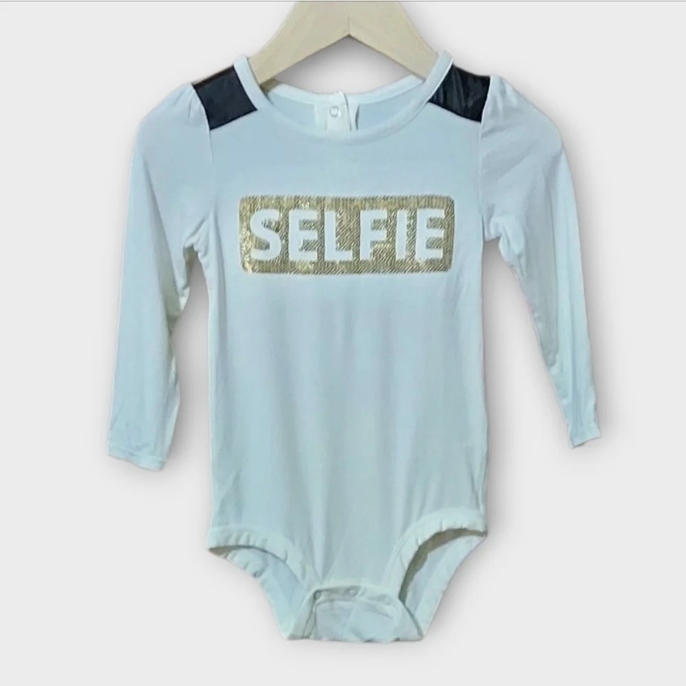 NWT Koala KiK White Selfie Bodysuit with Gold Sequin Design ~sz 12M